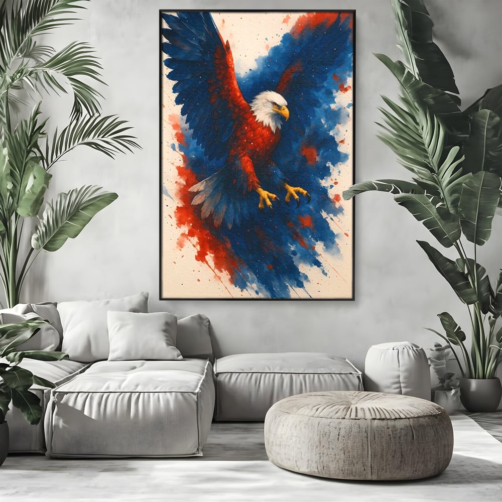 Tablou canvas cu tablou canvas vultur in zbor, in rama de aluminiu negru, pe perete intr-un living